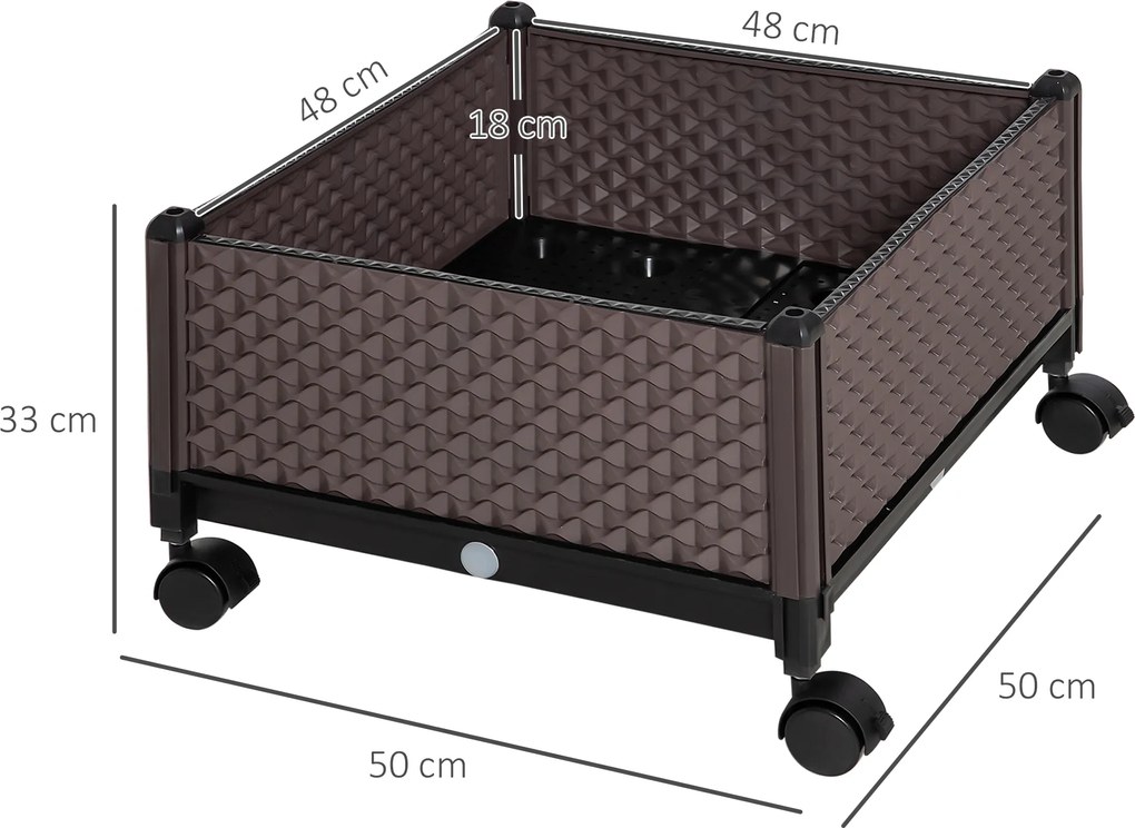 Outsunny Jardinieră din plastic cu roți și orificii de drenaj pentru cultivarea plantelor în exterior 50x50x33 cm Marrón | Aosom Romania