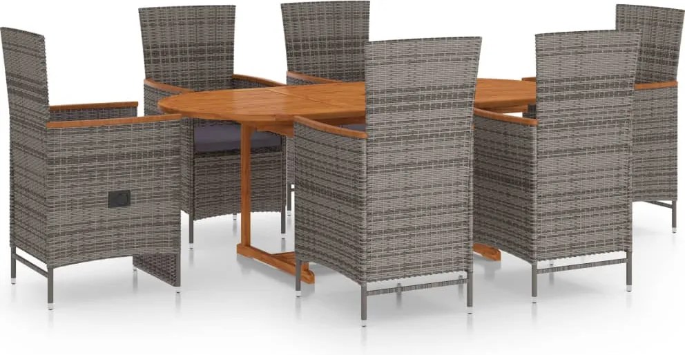 vidaXL Set de masă pentru grădină, 7 piese, gri, poliratan