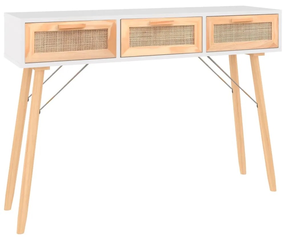 345627 vidaXL Masă consolă alb 105x30x75 cm lemn masiv pin și ratan natural