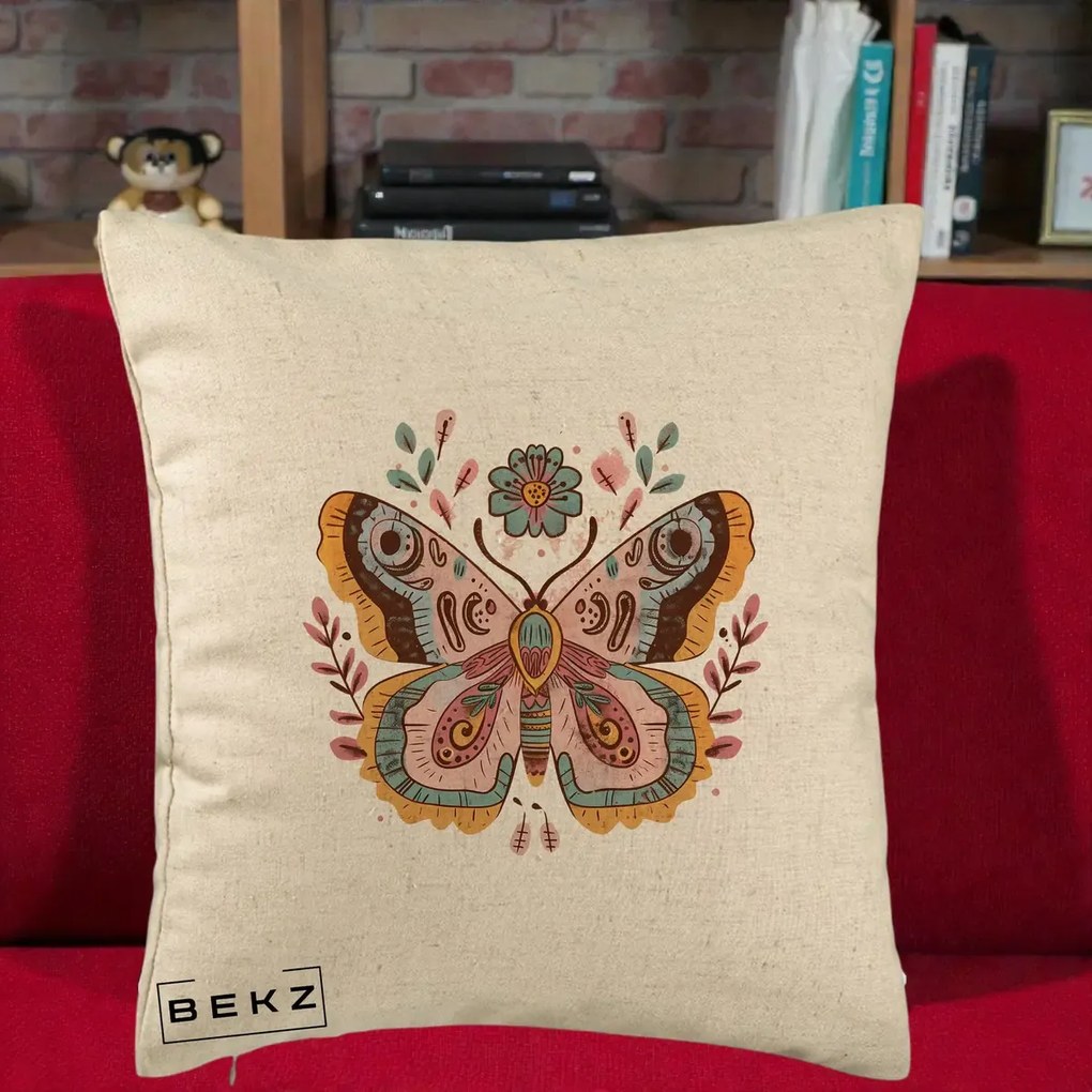 Perna Decorativa Fluture Boho Floral, 40x40 cm, Bej, Husa Detasabila, Perna Inclusa, BEKZ®