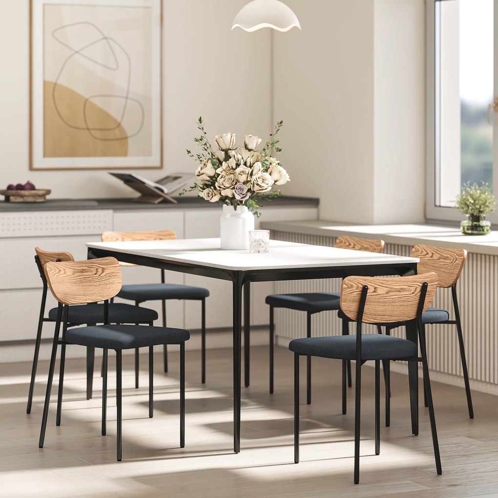 HOMCOM Lot de 2 scaune de dining cu picioare din oțel, spate curbat și șezut tapitat, gri și efect de lemn natural | Aosom Romania