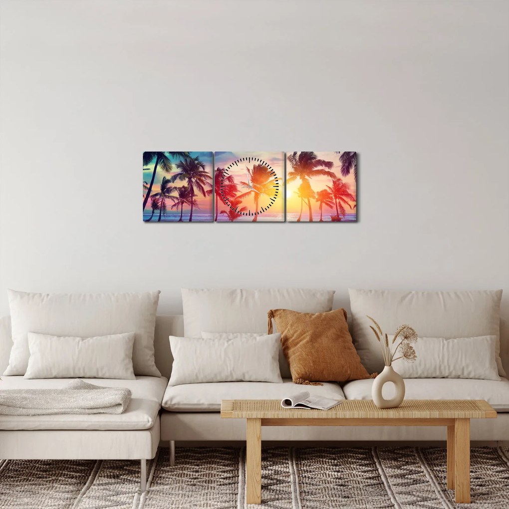 Tablou - Apus de soare tropical (cu ceas) (90x30 cm)