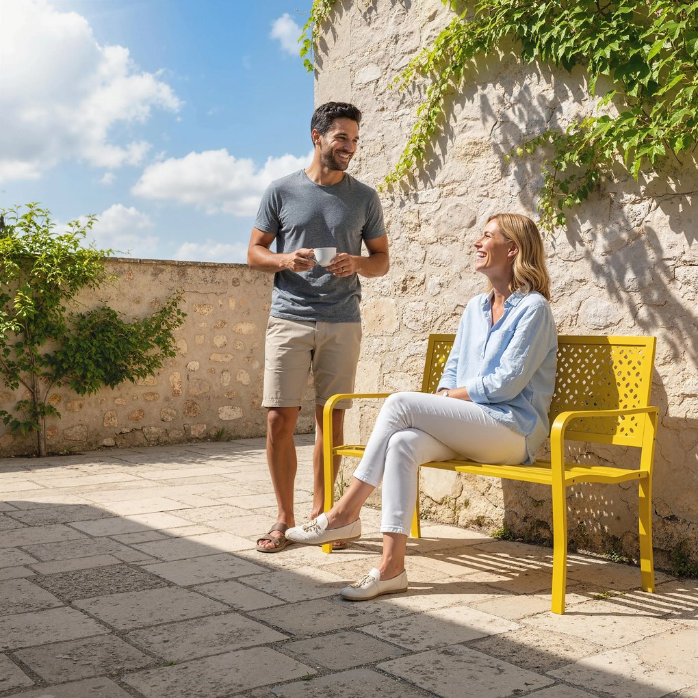 Outsunny Bancă de grădină 2 locuri metalică rezistentă la intemperii Bancă pentru exterior cu spătar rezistent la rugină, geometrică până la 240 kg | Aosom Romania