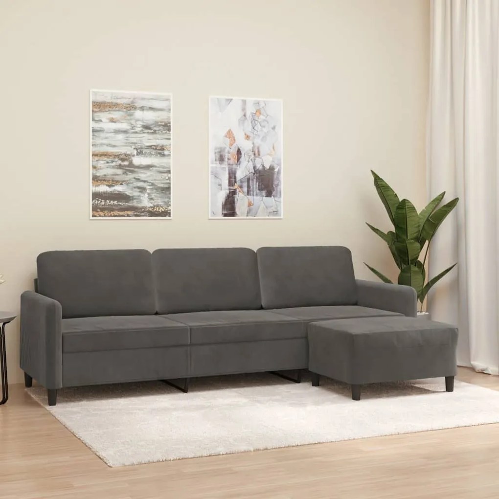3153578 vidaXL Canapea cu 3 locuri și taburet, gri închis, 210 cm, catifea