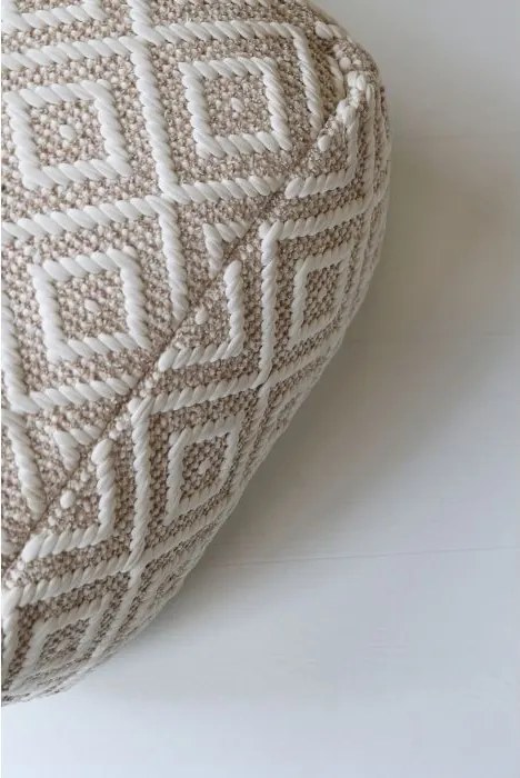 Puf pătrat din bumbac și fibre reciclate, crem, cu romburi în relief, 35 x 50 x 50 cm, „Lounge”