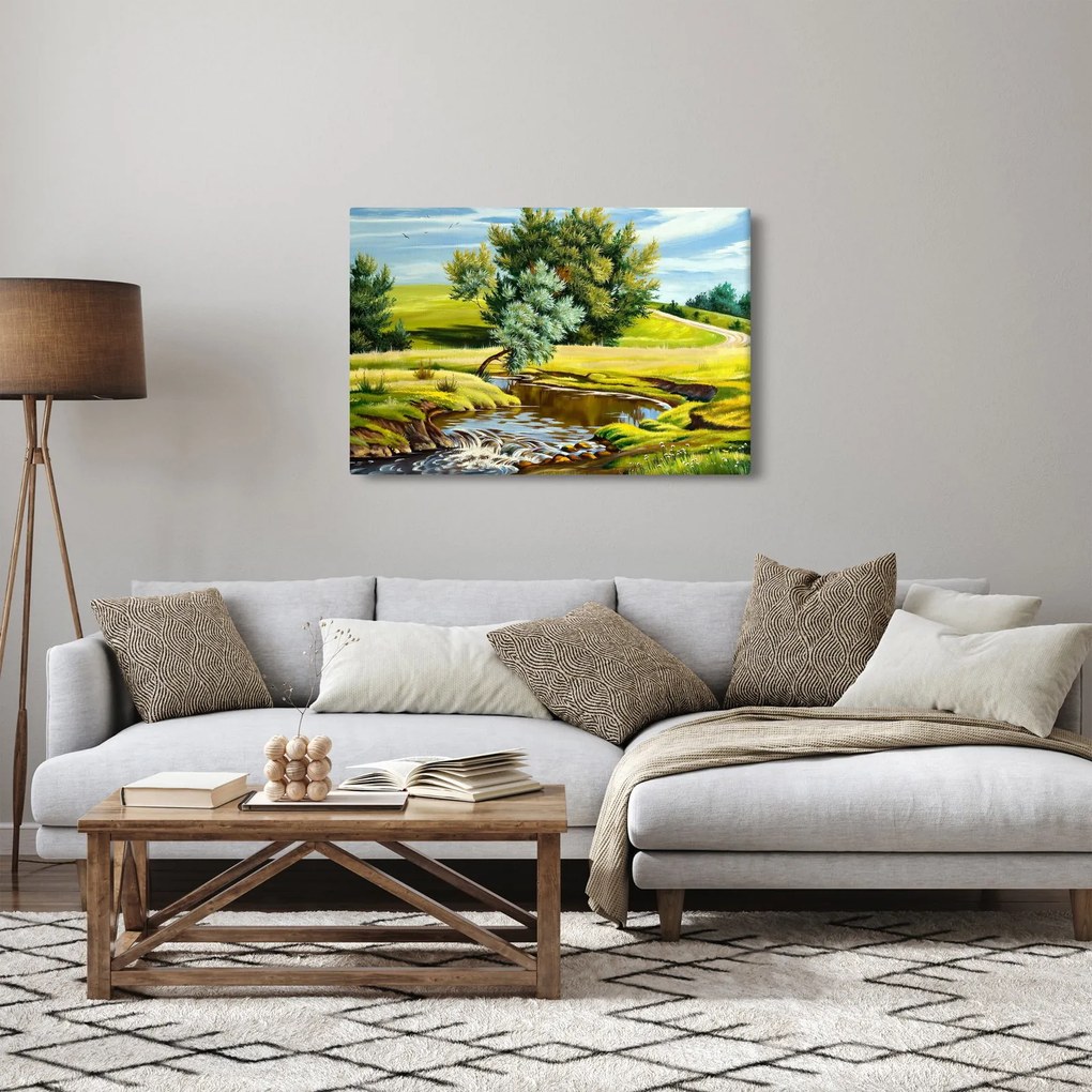 Tablou - Râu între câmpii, pictură în ulei (90x60 cm)