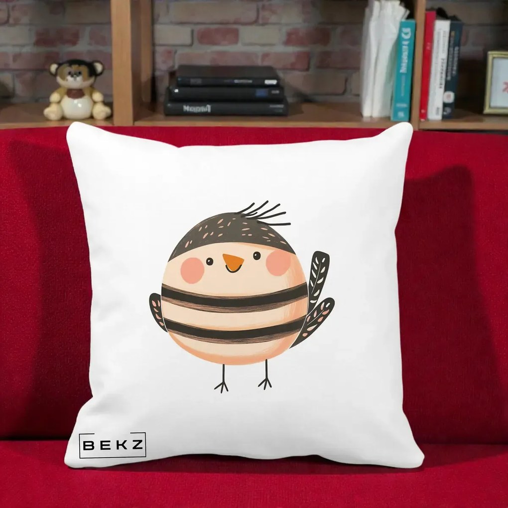 Perna Decorativa Pui Kawaii Bej-Negru Dungat, 40x40 cm, Alba Mata, Husa Detasabila, Perna Inclusa, BEKZ®