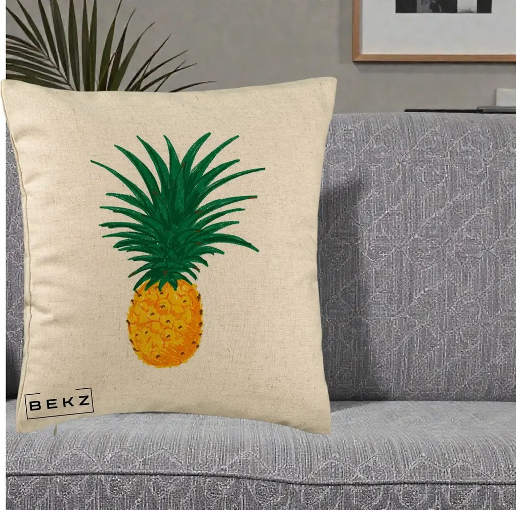Perna Decorativa Ananas Tropical, 40x40 cm, Bej, Husa Detasabila, Perna Inclusa, BEKZ®