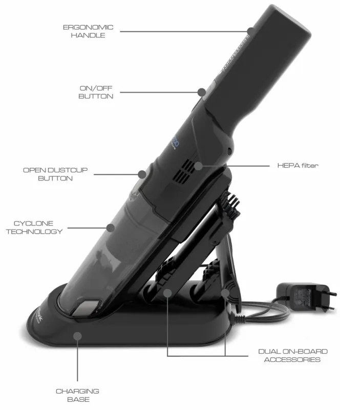 Aspirator portabil TurboTronic TT-LUX500, Li-Ion 2600 mAh, 90W, 12kPA, 150ml, Autonomie pana la 12 min, HEPA, 2 viteze, Negru