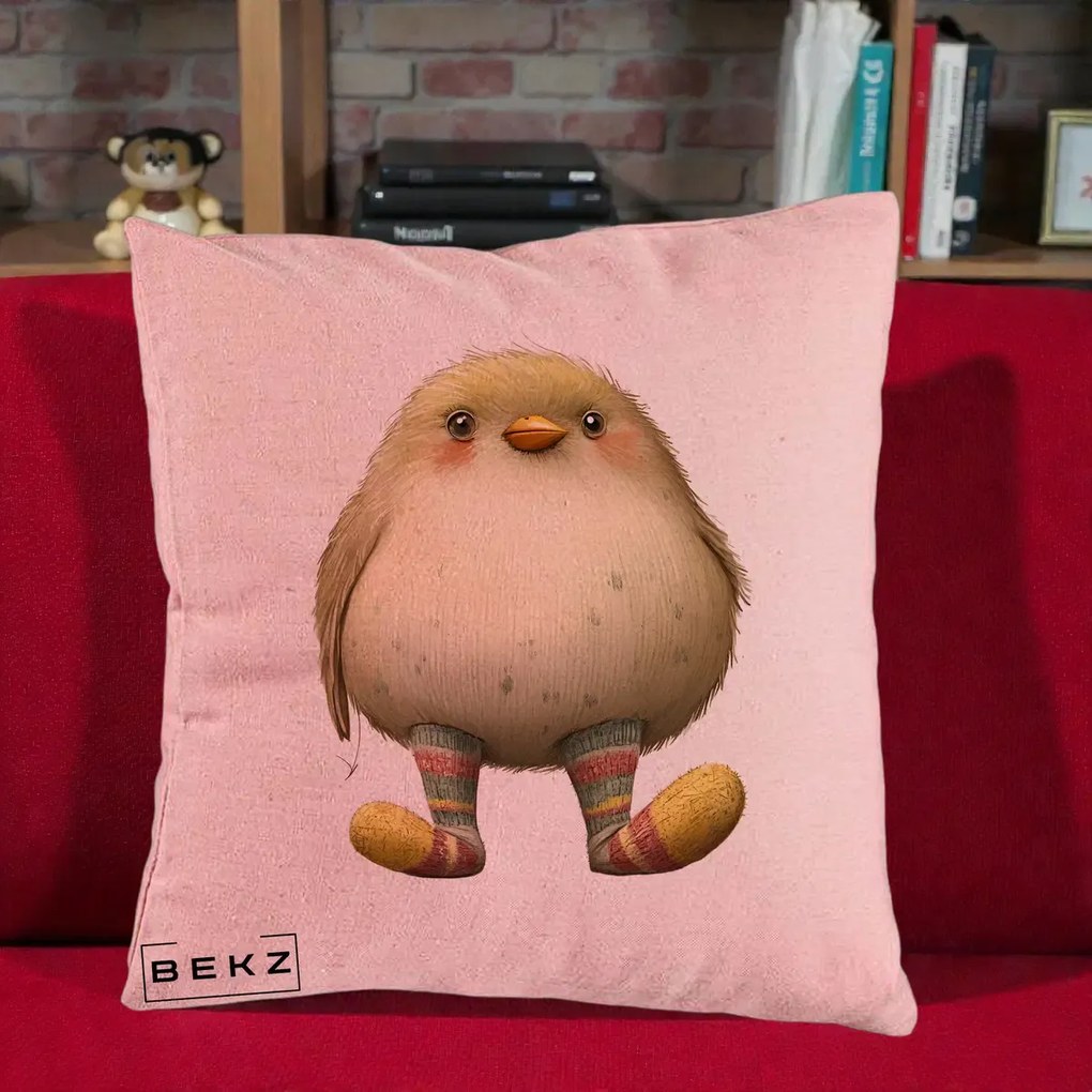 Perna Decorativa Pui Pufos cu Sosete Dungate, 40x40 cm, Roz, Husa Detasabila, Perna Inclusa, BEKZ®