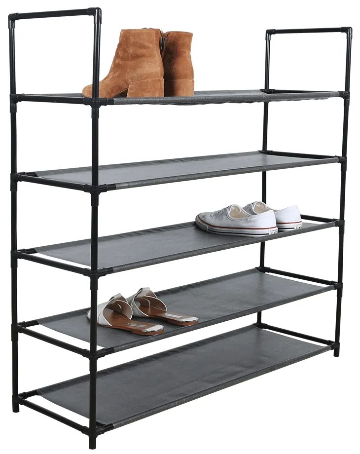 Cutie pentru pantofi, 5 randuri, metalica, neagra, cu rafturi din tesatura, MADILO
