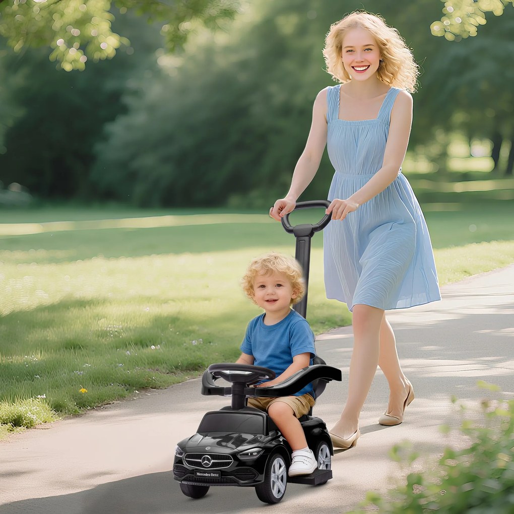AIYAPLAY Premergător pentru copii Mercedes-Benz sub licență, mașină de împins cu mâner detașabil, 91 x 40 x 83 cm, negru | Aosom Romania