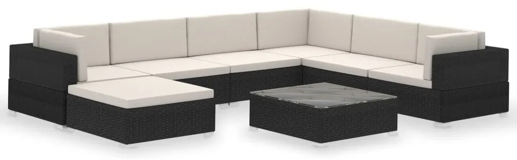 Set mobilier de gradina cu perne, 8 piese, negru, poliratan