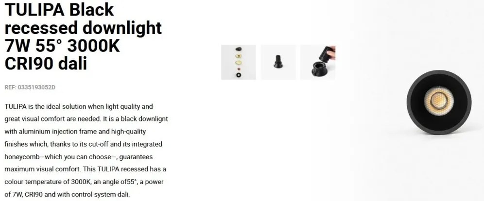 Spot LED incastrabil TULIPA Black recessed downlight 7W 55° 3000K CRI90 dali