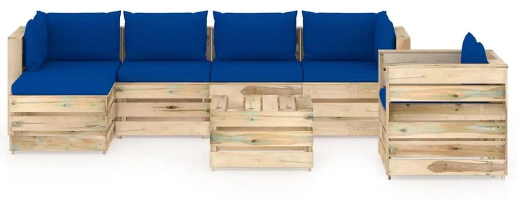 Set mobilier de gradina cu perne, 7 piese, lemn verde tratat albastru si maro, 7