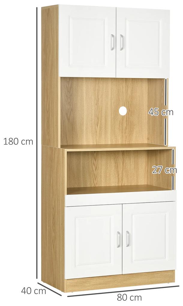 HOMCOM Unitate de camara inalta din PA de culoare alb si lemn cu 4 usi cu dulapuri si raft deschis, pentru bucatarie si sufragerie, 80x40x180 cm