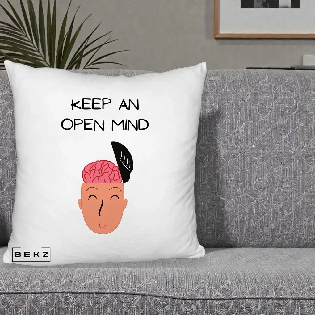 Perna Decorativa Keep An Open Mind, 40x40 cm, Alb Pufos, Husa Detasabila, Perna Inclusa, BEKZ®