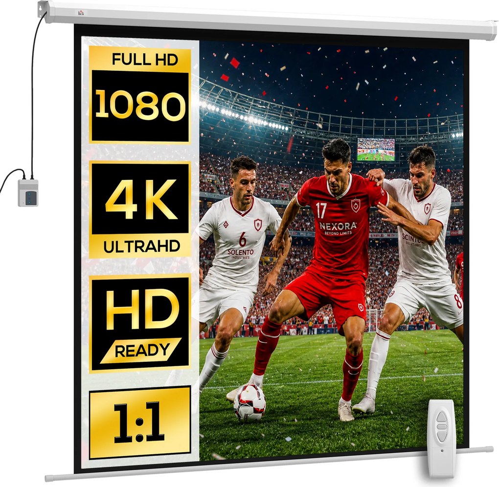 HOMCOM Ecran Proiector de 92 Inch cu Telecomandă, Pânză de Proiector Rulabilă din Plastic și Metal, 189,5x8x189,5 cm, Alb | Aosom Romania
