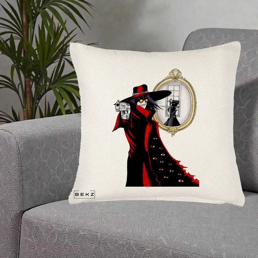 Perna Personalizata Hellsing Alucard cu Pistoale, 40x40 cm, Crem Reliefat, Husa Detasabila, Perna Inclusa, BEKZ®