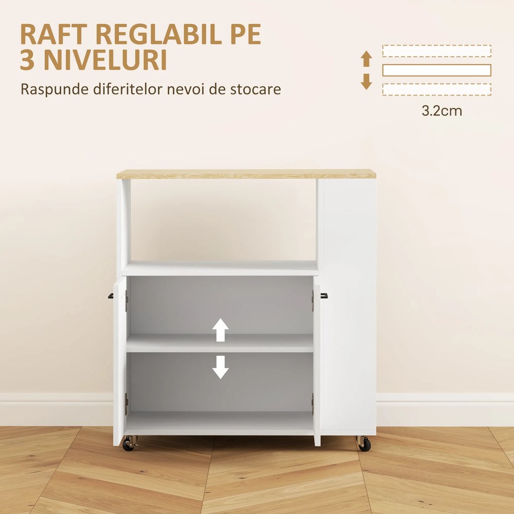 HOMCOM Cărucior de Bucătărie cu Raft Deschis, Dulăpior cu 2 Uși și Raft Lateral pe 2 Niveluri, 75x40x80,5 cm, Alb | Aosom Romania