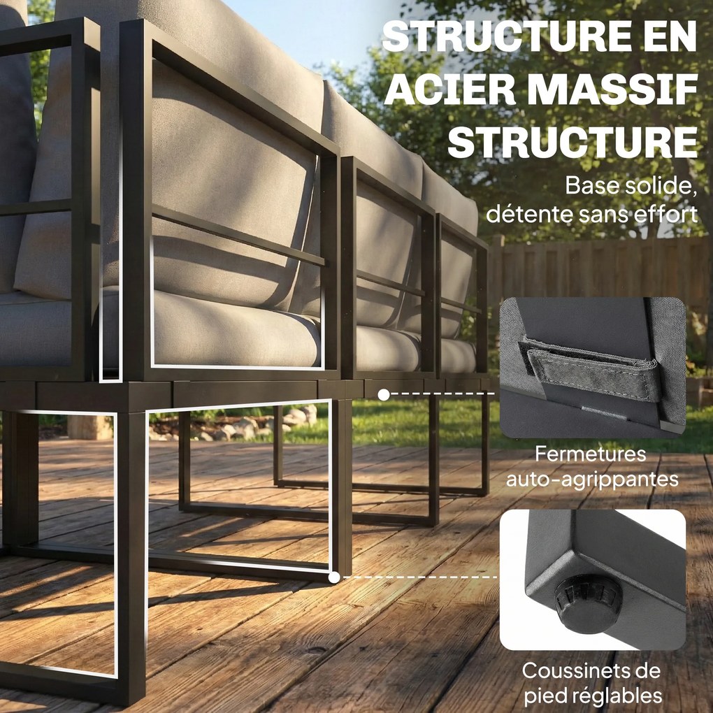 Outsunny Set mobilier grădină exterior 6 persoane modulabil masă de cafea și blaturi laterale din lemn PSPC perne groase 10cm gri | Aosom Romania