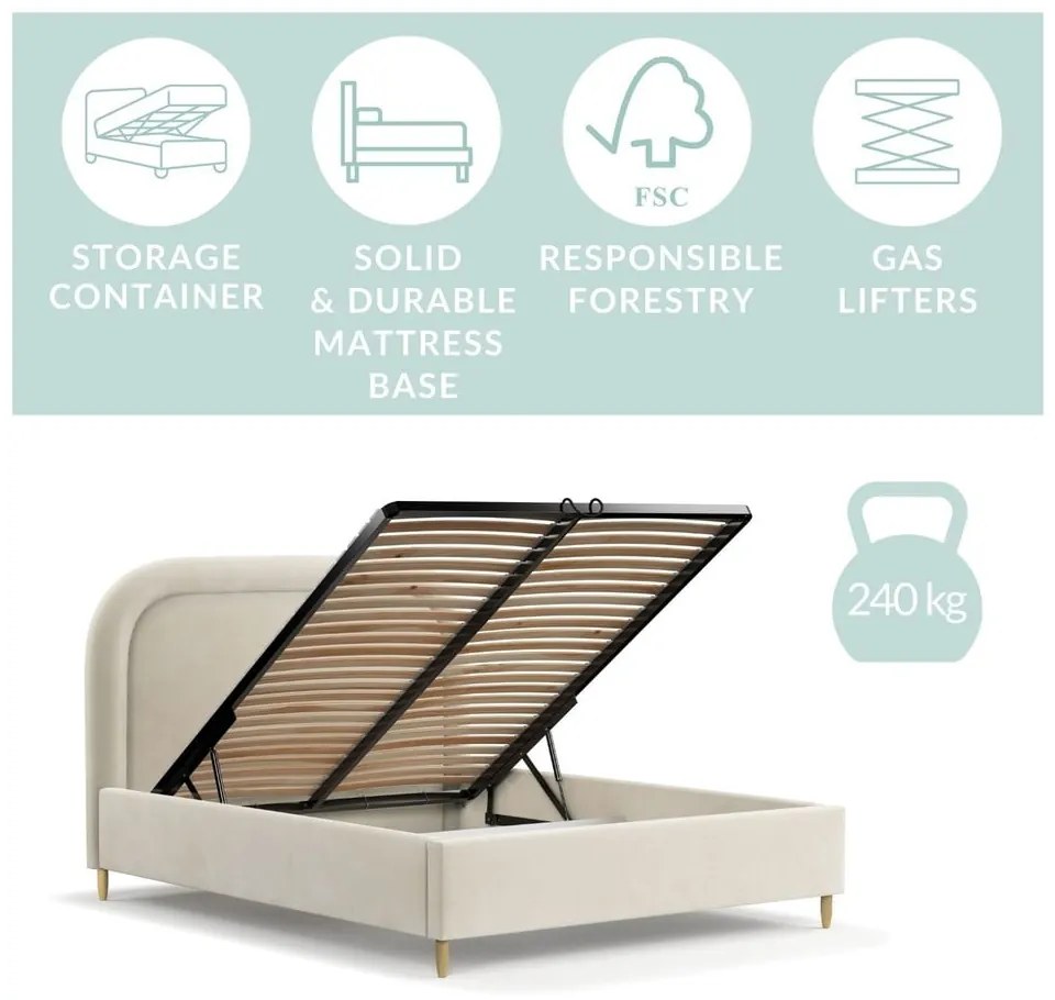 Pat matrimonial bej tapițat cu spațiu de depozitare cu somieră 140x200 cm Mija – Maison de Rêve
