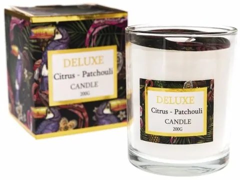 Lumânare parfumată în sticlă DELUXE, patchouli șicitrice, 200 g