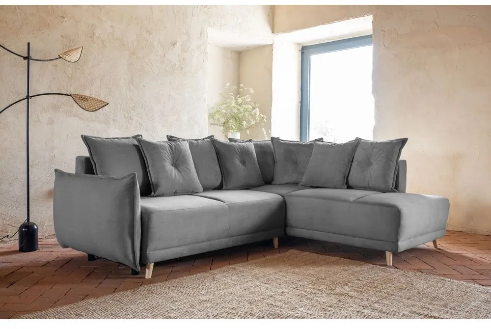 Colțar gri extensibil cu tapițerie din catifea reiată (colț dreapta) Lazy Lukka – Miuform