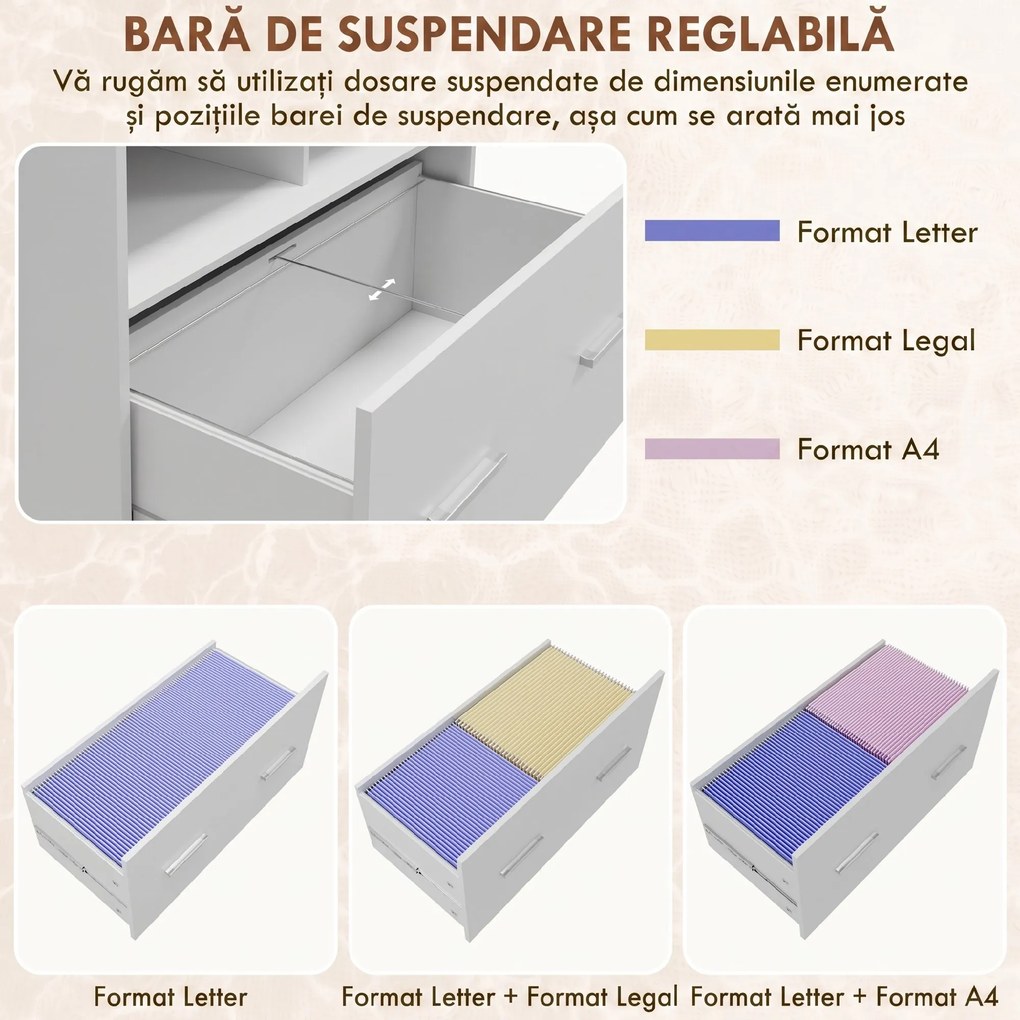 HOMCOM Dulap Lateral de Arhivare cu Roți și Raft Deschis, Sertar Spațios, Bară Reglabilă, Alb | Aosom Romania