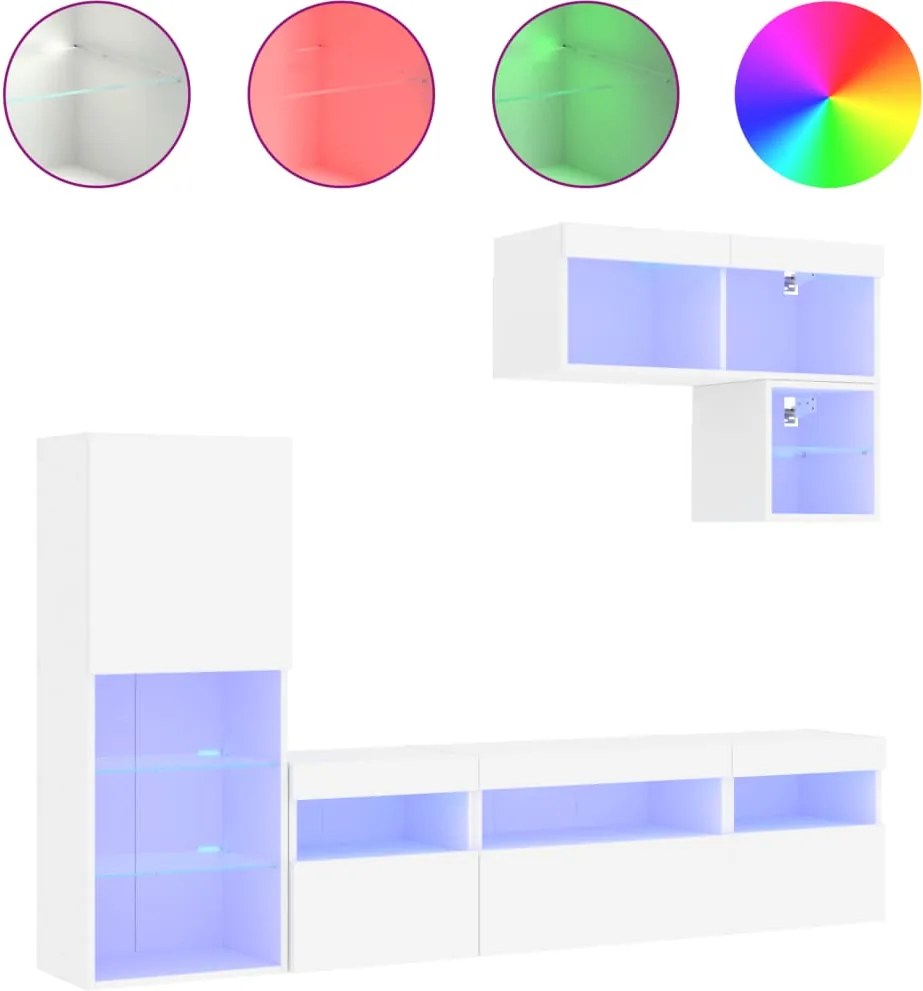 vidaXL Unități de perete TV cu LED-uri, 6 piese, alb, lemn prelucrat