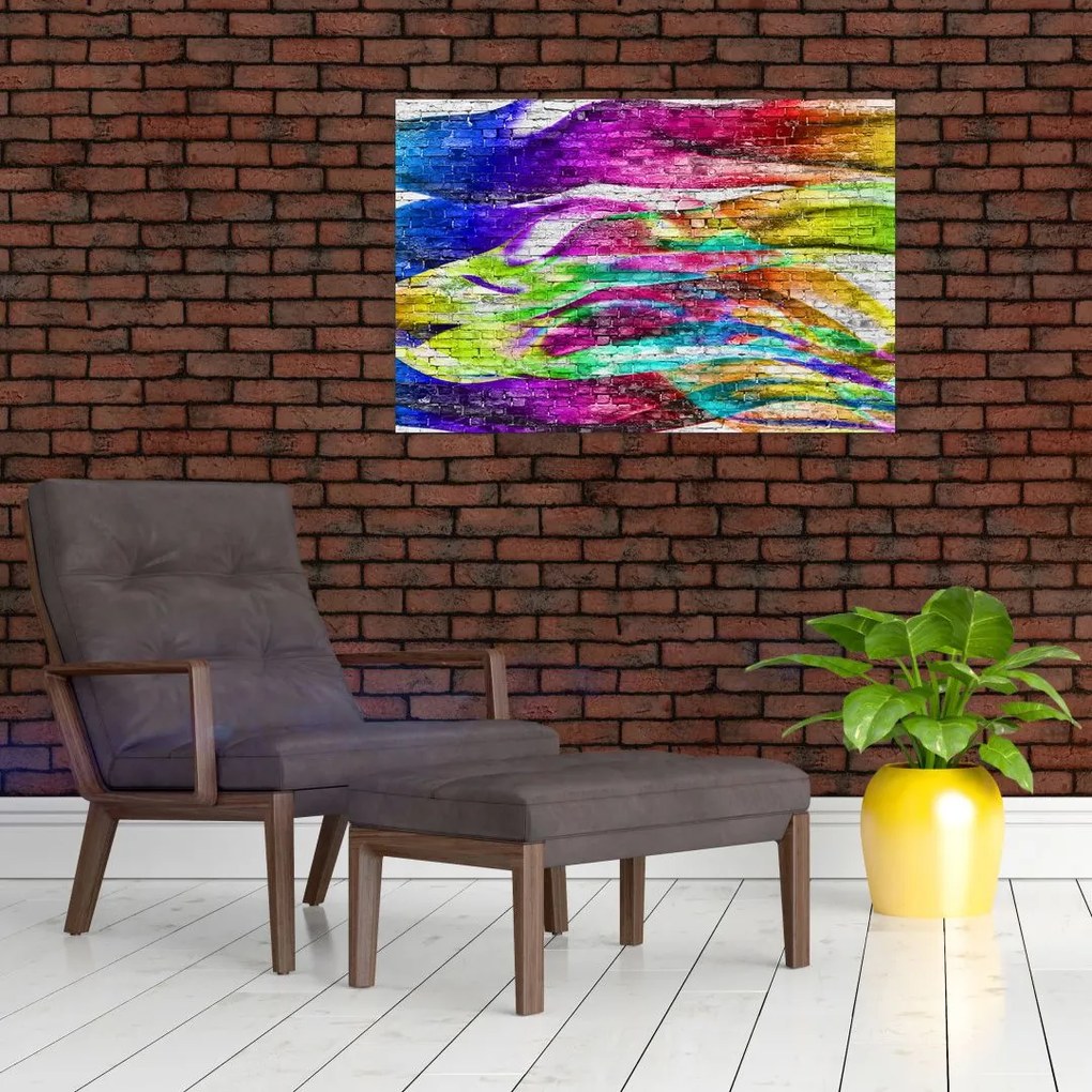 Tablou - Zid de cărămidă cu flăcări colorate (90x60 cm)