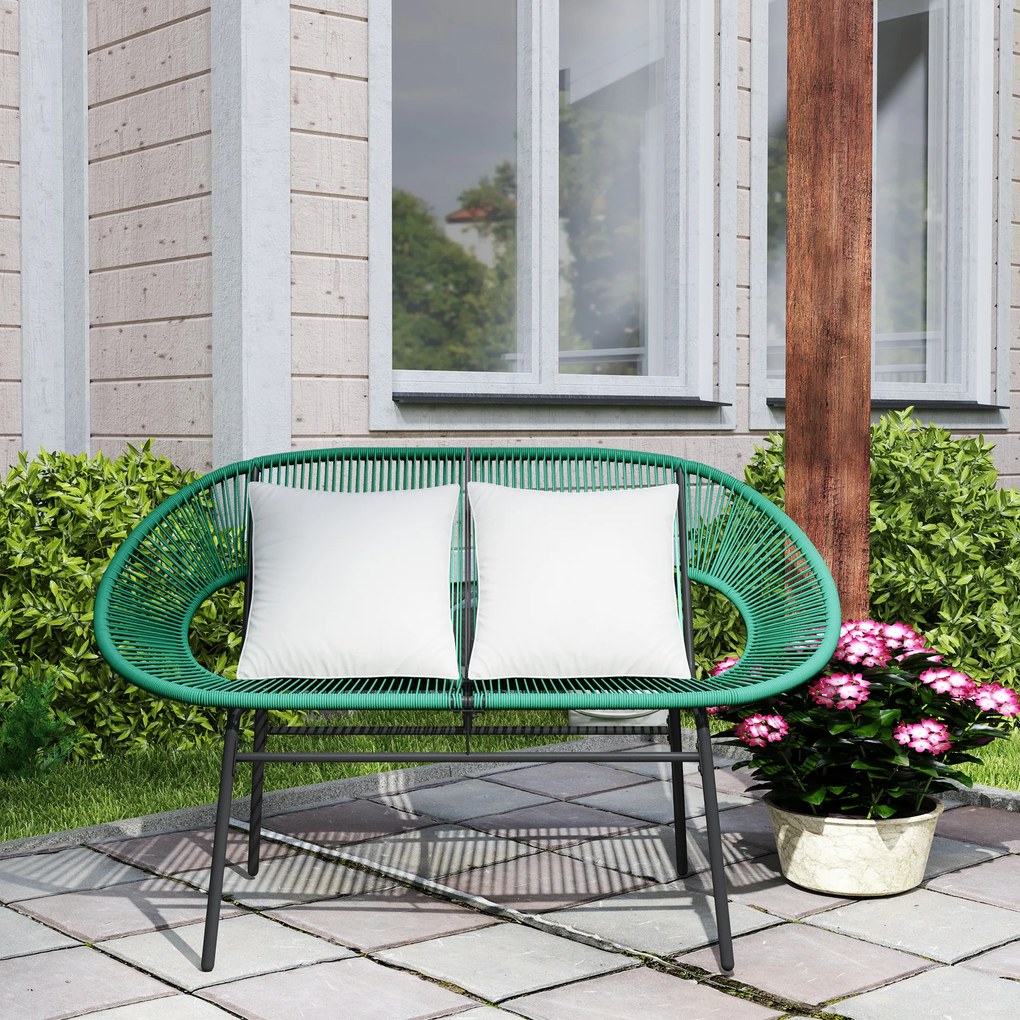 Outsunny Bancă de Grădină 2 Locuri din Răchită PE, Canapea de Exterior cu Perne, Cotiere și Cadru din Oțel, Bancă pentru Terasă și Curte, 132x72x83 cm, Verde Închis | Aosom Romania