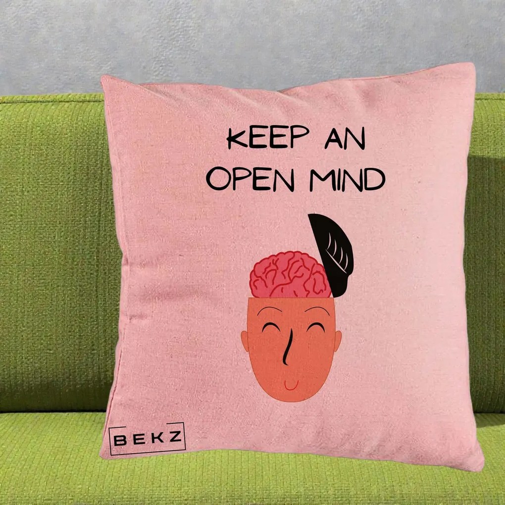 Perna Decorativa Keep An Open Mind, 40x40 cm, Roz, Husa Detasabila, Perna Inclusa, BEKZ®