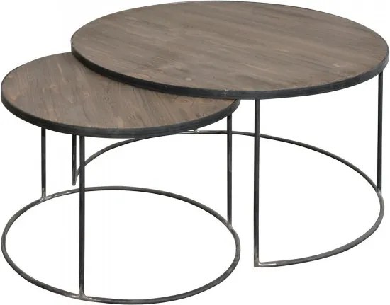 Set 2 măsuțe de cafea rotunde din lemn masiv și metal, natur, cu cadru negru, finisaj mat, 40 x 70 cm, „Brooklyn”