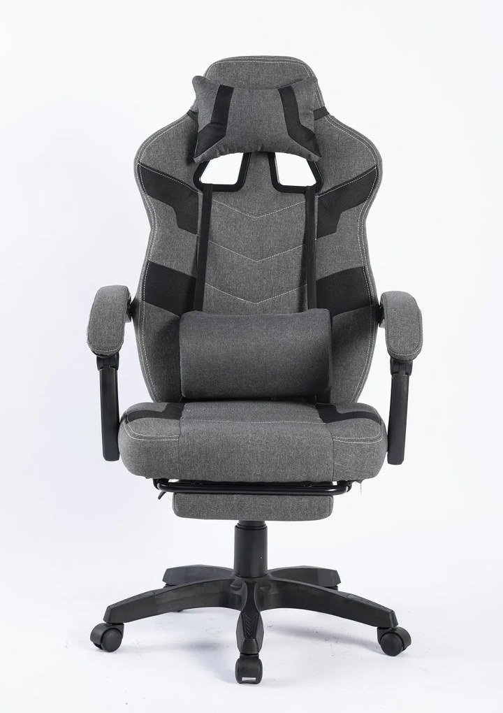 Scaun gaming, suport lombar cu masaj, rabatabil, suport picioare, material textil, Gri