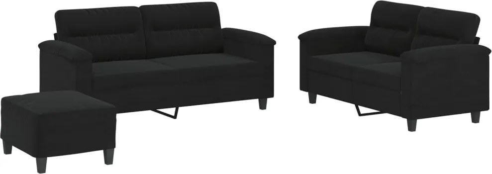 vidaXL Set de canapele cu perne, 3 piese, negru, microfibră