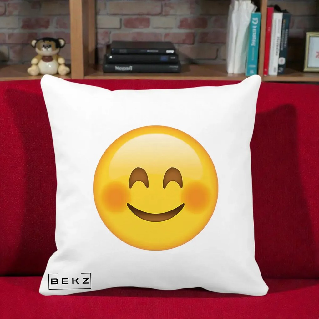 Perna Decorativa Emoji Fericit Roscat, 40x40 cm, Alba Mata, Husa Detasabila, Perna Inclusa, BEKZ®