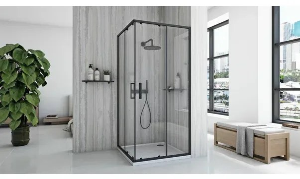 Cabina de dus patrata cu usi glisante negru Rea City 80x80 cm si cadita neagra