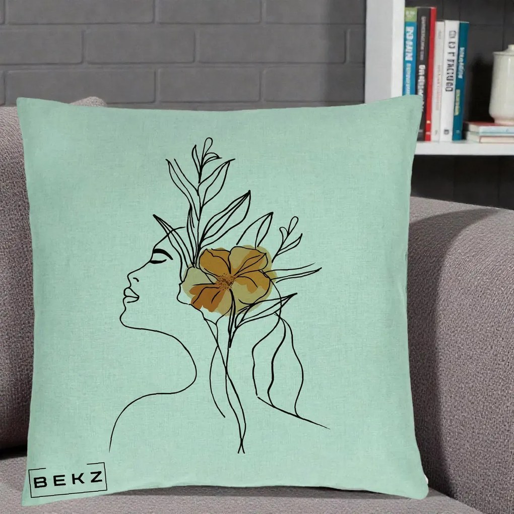 Perna Decorativa Portret Feminin Floare Portocalie Lateral, 40x40 cm, Verde Menta, Husa Detasabila, Perna Inclusa, BEKZ®