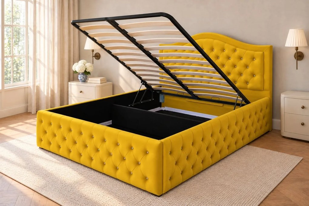 Pat tapițat Chesterfield din catifea Solaria Deluxe Cristal 140×200 cm, galben muștar, cu ladă de depozitare