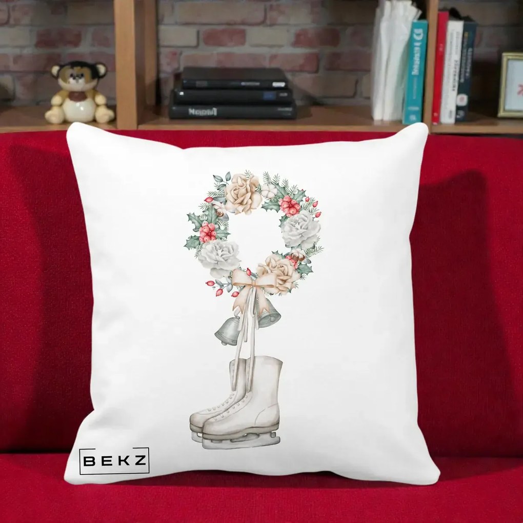 Perna Decorativa Patine cu Coroana Florala de Craciun, 40x40 cm, Alba Mata, Husa Detasabila, Perna Inclusa, BEKZ®
