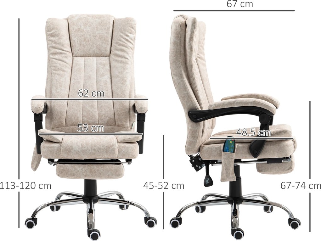 Vinsetto Scaun de Birou cu Masaj, Încălzire, Înălțime Reglabilă și Suport pentru Picioare, 62x70x113-120 cm, Crem | Aosom Romania