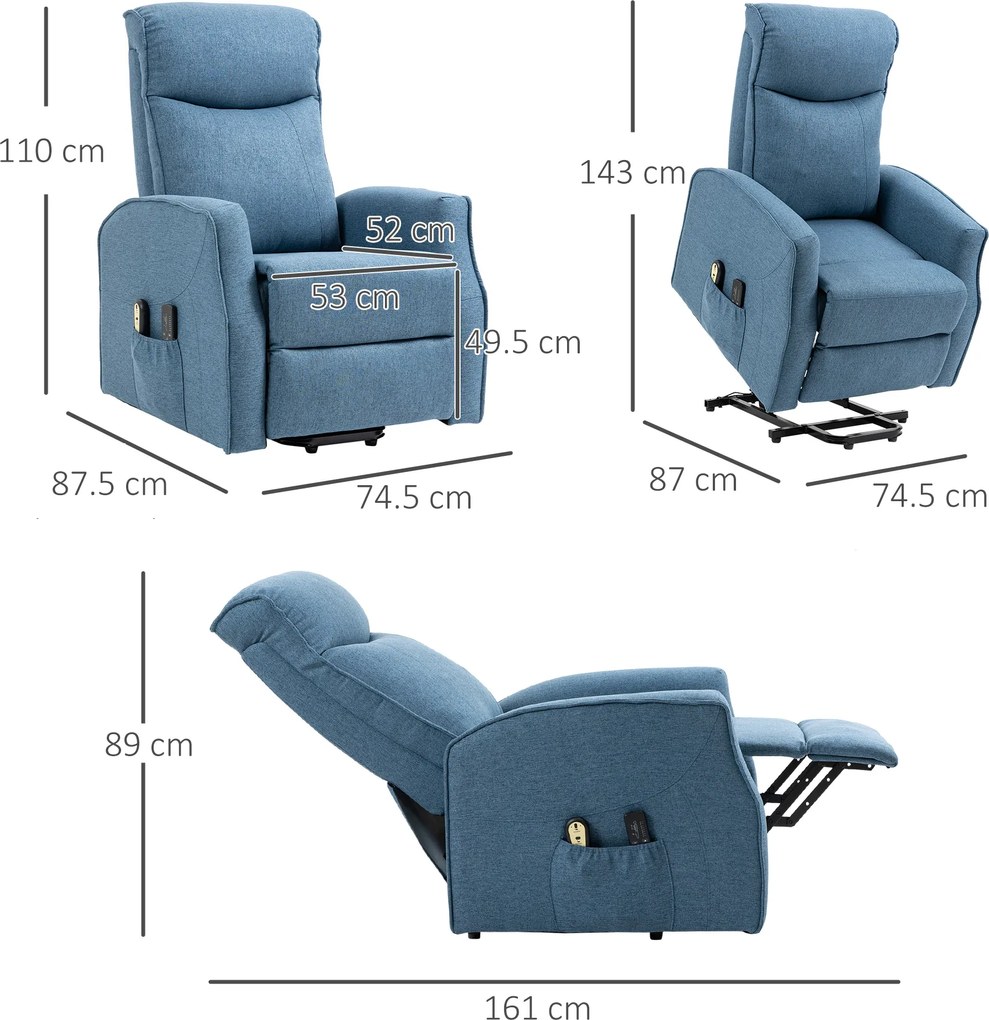 HOMCOM Fotoliu Recliner cu 8 Puncte de Masaj, Rabatabil la 135° cu Suport pentru Picioare, 74,5x87,5x110 cm, Albastru | Aosom Romania