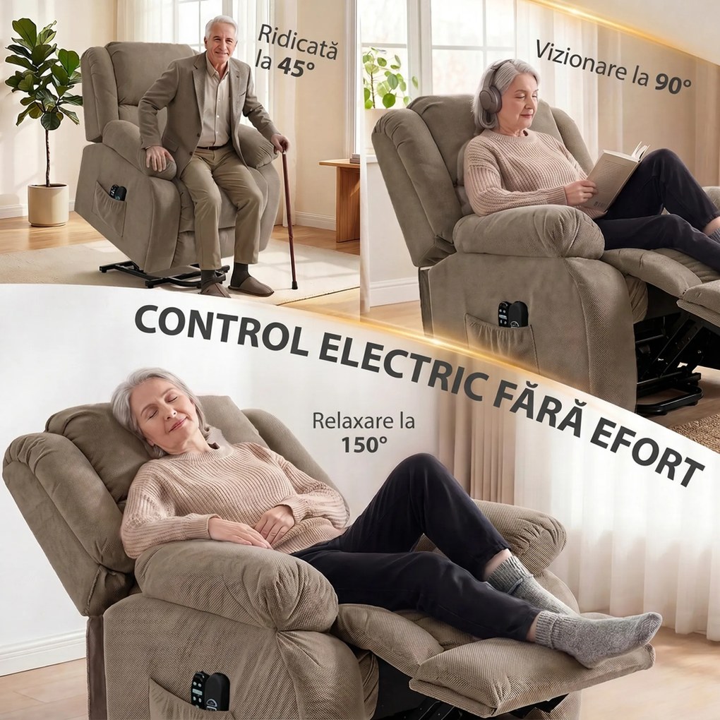 HOMCOM Fotoliu electric cu ridicare asistată, reclinabil 150°, șezut lat, cu masaj și încălzire, catifea, maro deschis | Aosom Romania