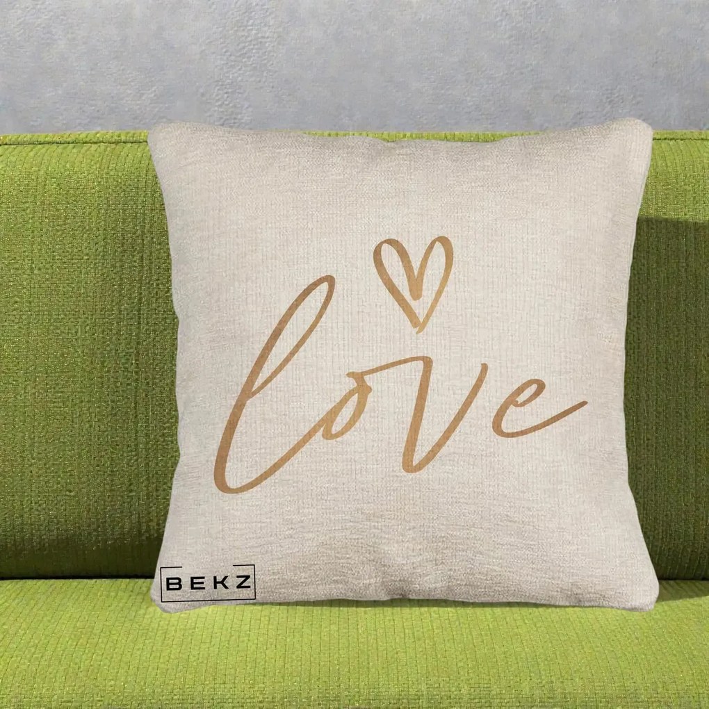 Perna Decorativa Love Caligrafie Aurie, 40x40 cm, Bej Canapea, Husa Detasabila, Perna Inclusa, BEKZ®