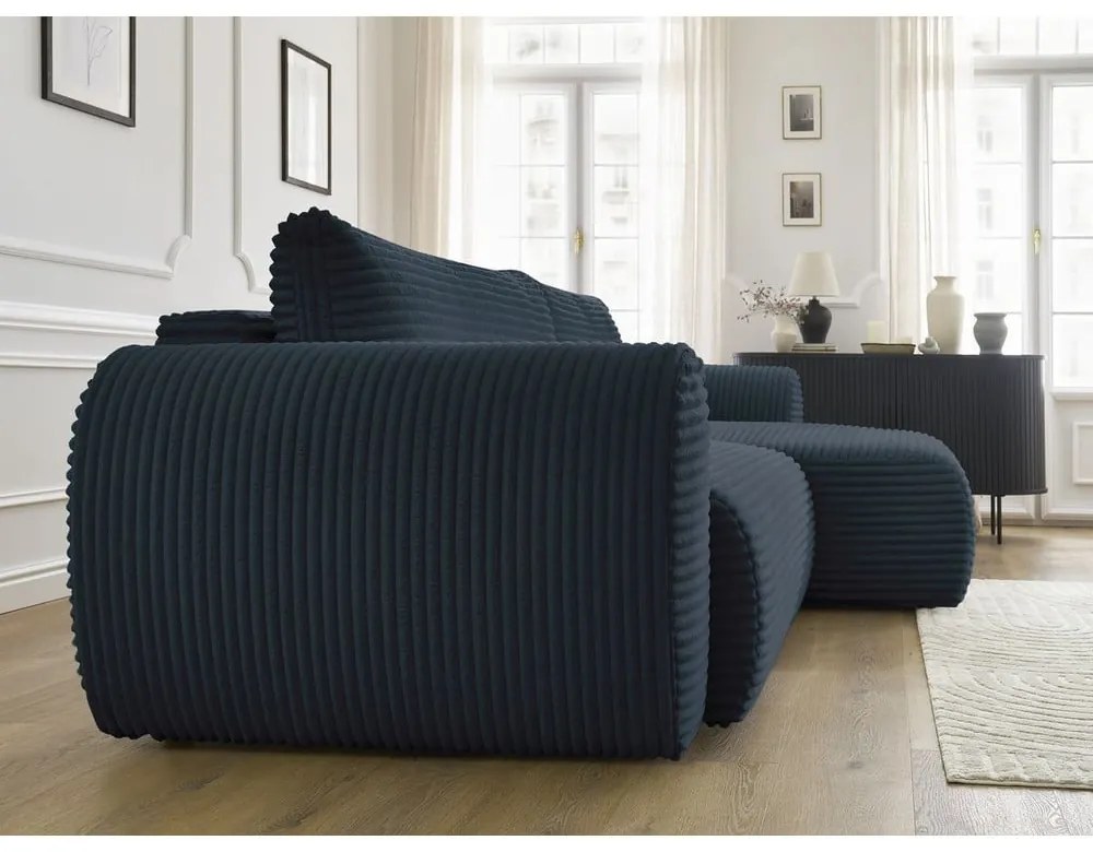 Colțar albastru închis extensibil cu tapițerie din catifea reiată (cu colț pe partea dreaptă) Lucien – Bobochic Paris