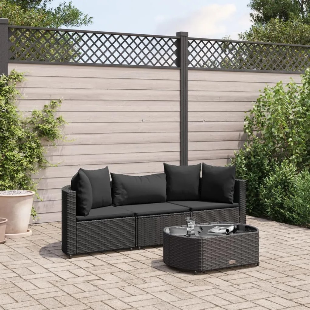 3308363 vidaXL Set mobilier de grădină cu perne, 4 piese, negru, poliratan