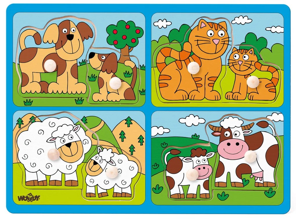 Puzzle din lemn cu butoni - Animale de companie si puii lor