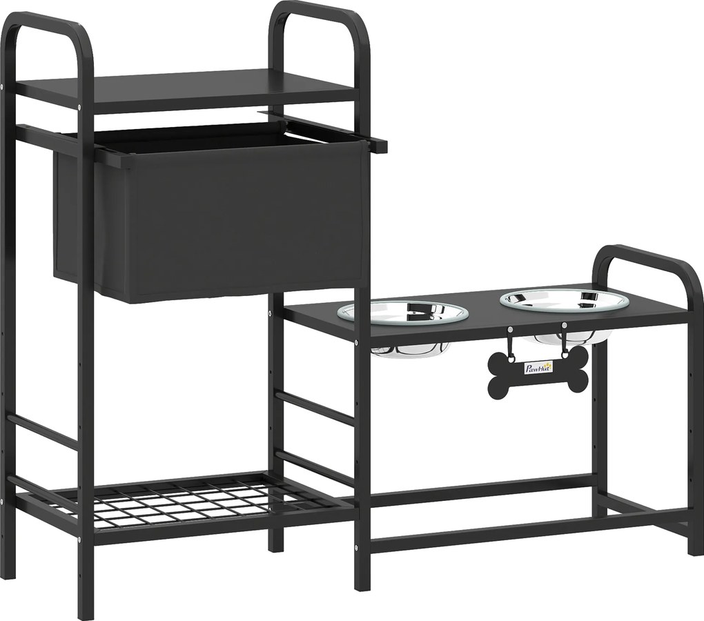 PawHut Bol ridicat pentru câini, reglabil pe înălțime, cu spațiu de depozitare, 2 x boluri din oțel inoxidabil 800 ml, 89,5x27x74 cm, Negru | Aosom Romania