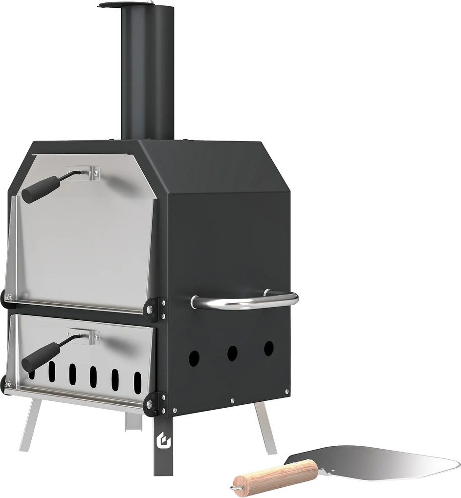 Outsunny Cuptor pizza exterior pe lemne Cuptor pizza din oțel inoxidabil 2 niveluri cu piatră pentru pizza grosime 1 cm picioare pliabile | Aosom Romania